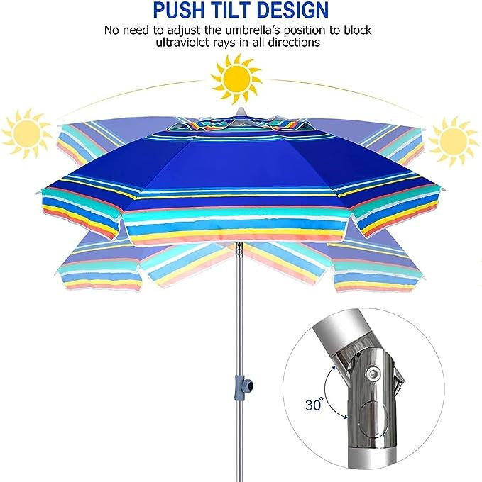 AMMSUN 7FT PORTABLE BEACH PATIO UMBRELLA WITH SAND ANCHOR - ADJUSTABLE HEIGHT WITH FLAPS - MULTICOLOURED BLUE image 3