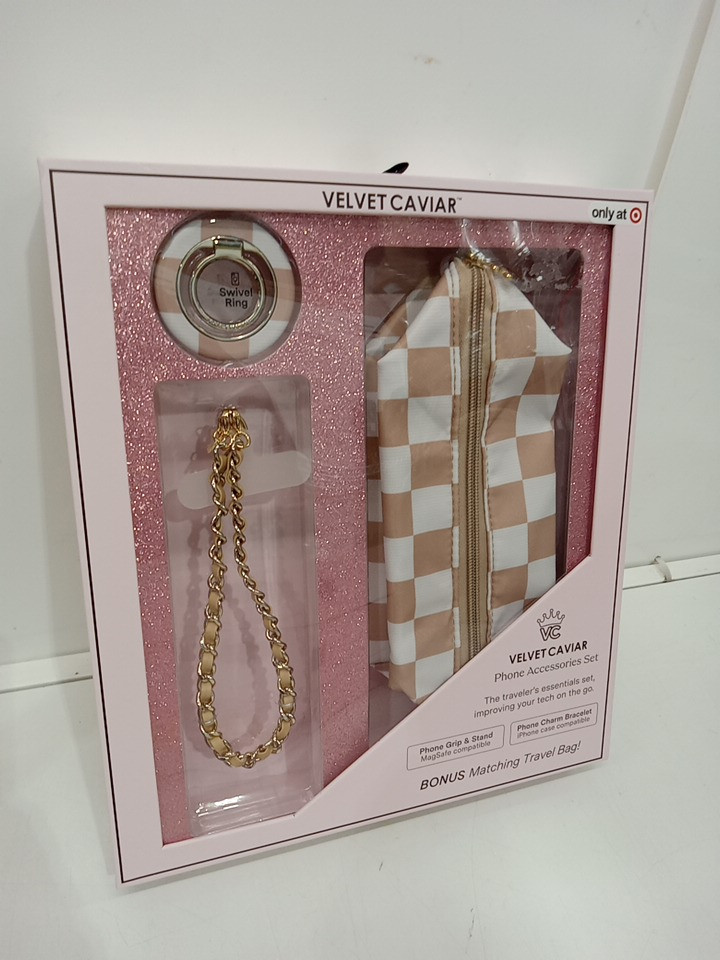3pc velvet caviar phone accessories set with swivel ring , charm band and travel bag - beige & white checkers image 2
