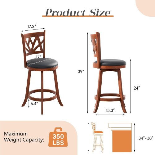2PK Betterhood counter height Swivel Bar Stool with faux leather seat - 24", 350lbs cap - brown/Black (Model: NFK018) image 2