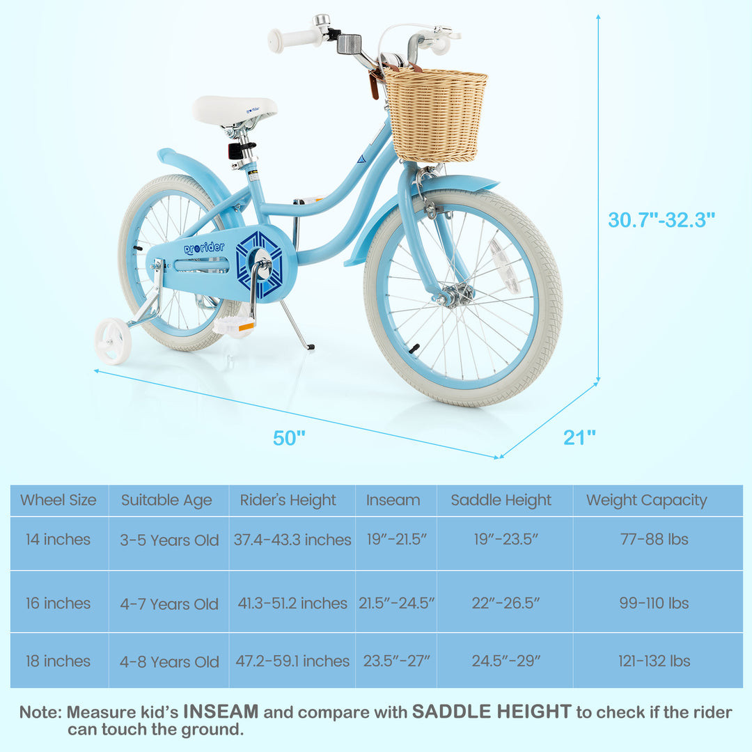 costway kid's bike with training wheels and adjustable seat - 16" wheels - blue - (model: ts10130bl-16) image 2