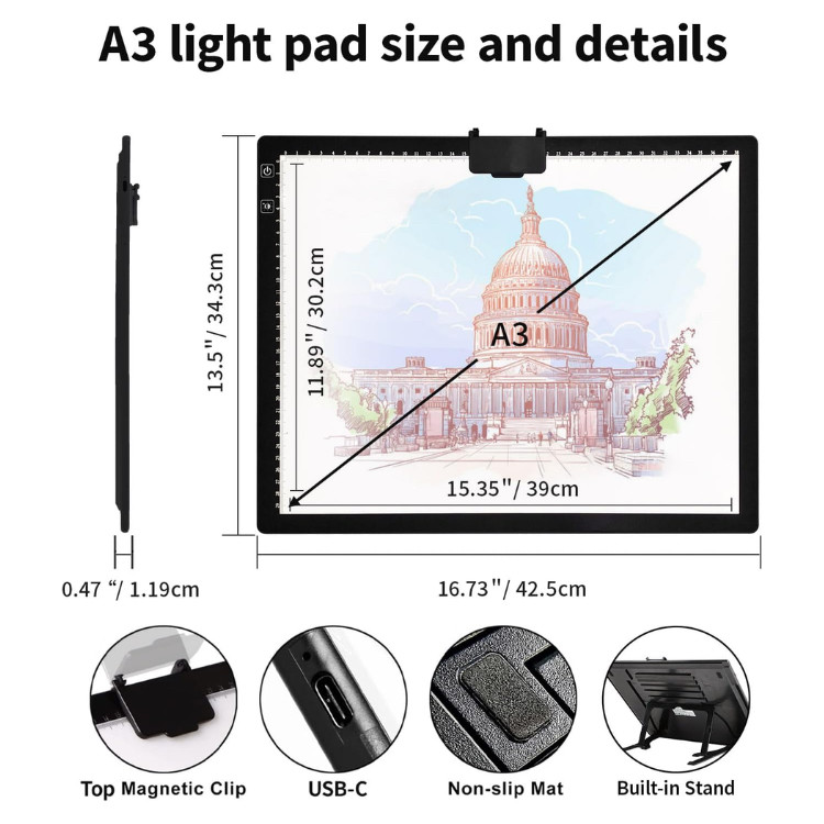 zocelight rechargeable a3 light pad tracing board - 6 brightness levels (model: d40black) image 2