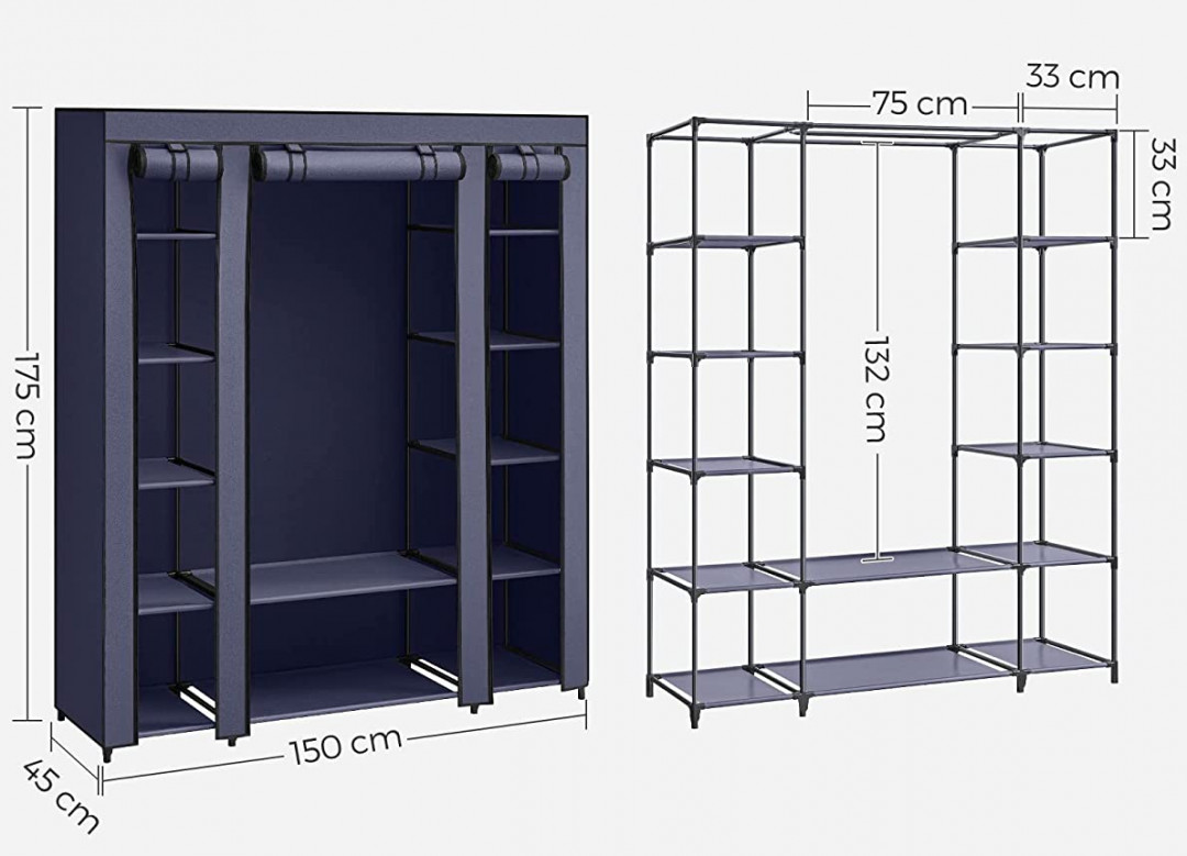 SONGMICS FABRIC PORTABLE WARDROBE WITH NON-WOVEN FABRIC COVER - 12 COMPARTMENTS AND CLOTHES RAIL - 68.8" X 59" X 15.7" - NAVY BLUE (MODEL:LSF003I02) image 2