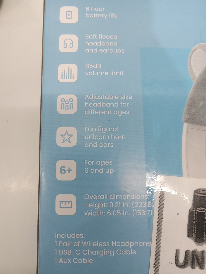Kid's Gems Wireless Headphones with soft fleece coverings - 6hr battery life - 85dB - aux cord included - Unicorn image 5