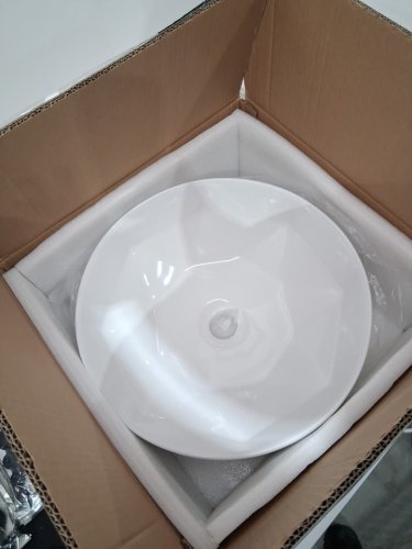 Stylish Porcelain Round over the counter Vessel Bathroom Sink with center drain - 16” - 5.5” depth - white porcelain (model: p-228h posh) image 6