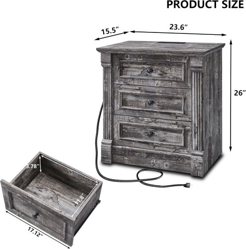 farmhouse Tall 3-drawer nightstand with charging station - 26" x 23.6" x 15.5" - grey (model: LD24003-N) image 3