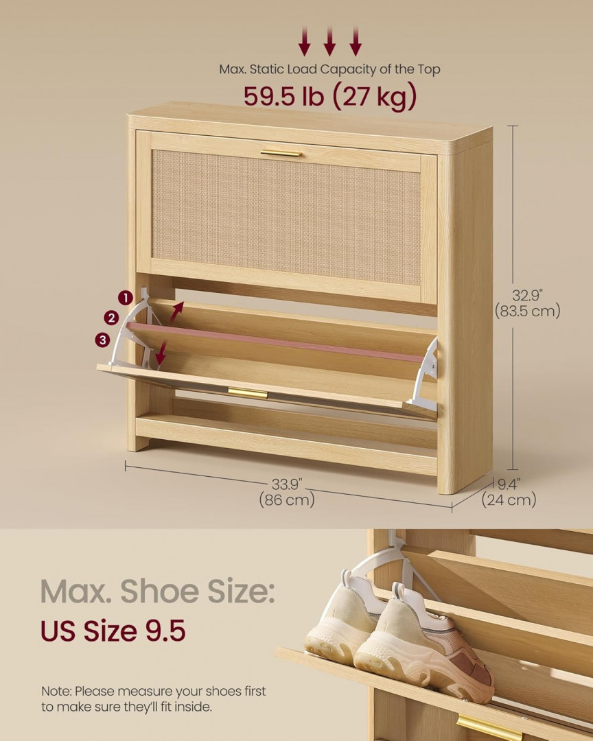 vasagle boho shoe storage cabinet with flip drawers - 34" x 9" x 33" - beige oak - (model: hsc601yc01) image 2
