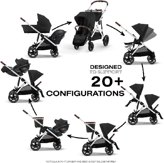 Cybex Gazelle S 2 Modular Double Stroller for Infant, Includes Detachable Shopping Basket, Over 20+ Configurations - Silver Frame with Moon Black Seat - (model: ‎522004813) image 2