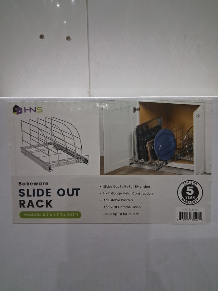 HNS BAKEWARE SLIDE OUT RACK WITH ADJUSTABLE DIVIDERS AND HIGH GAUGE METAL CONSTRICTION - 12.5"W X 21"D X 10.63"H - ANTI RUST CHROME FINISH - (MODEL: HS-22221121). image 3