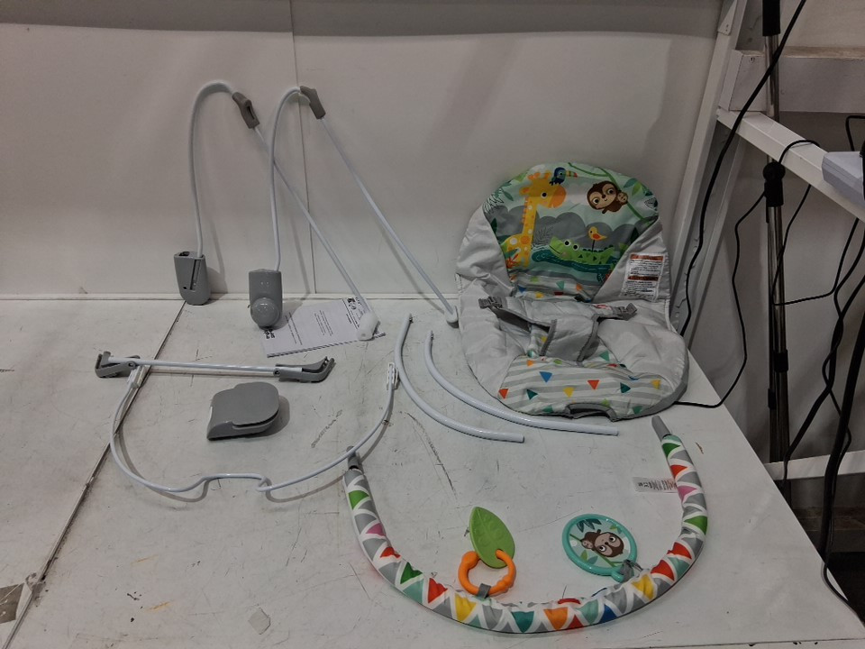bright starts vibrating bouncer with 3-point harness and removable toy bar - 20lb max - safari fun (model: 12204) image 3