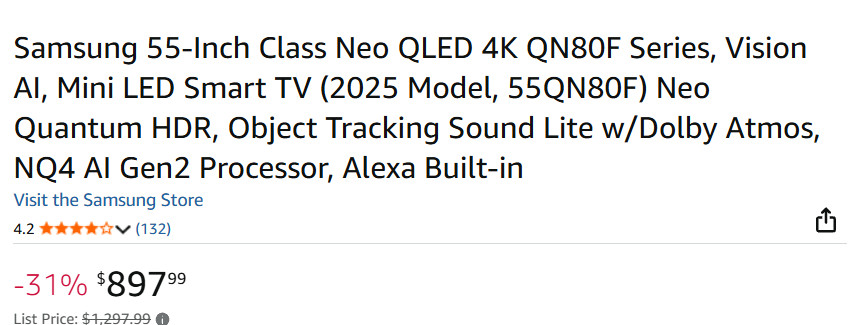 Samsung Neo QLED 4K QN80F Series, Vision AI, Mini LED Smart TV Television with Alexa Built-in - 55" (Model: QN55QN80FAF) image 2