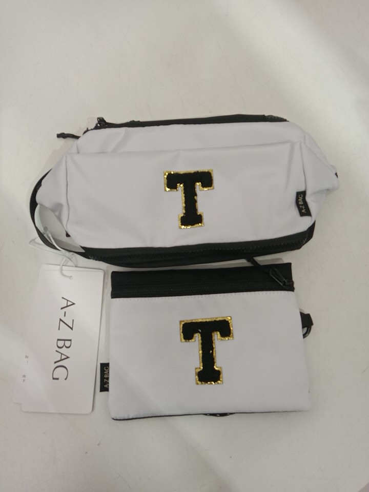 2pc A-Z BAG Travel Toiletry/MAKEUP bag With rfid - bold letter t - white/black image 4