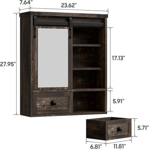vabches storage drawer medicine cabinet with mirror - 27.95" x 23.62" x 7.64" - dark oak (model: J4Q007) image 2
