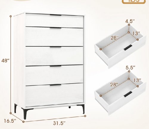 costway 5 drawer dresser with interlocking system - 16.5" x 31.5" x 48" - cherry (model:JV12276CH) image 2