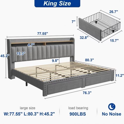 Snhomee Upholstered storage Bed Frame with 2 Storage Drawers  and shelf headboard - King - grey (model: USSBFUSB2GKFJWR) image 2