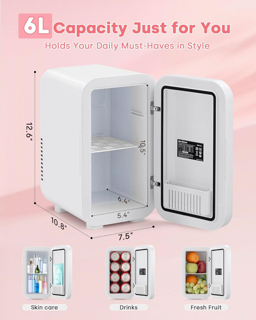 enventor portable mini fridge with dimmable touch control LED mirror & light with dual cooling/warming modes - DC/AC- 6L (8 cans) - white (model: MFA-6L-I) image 2