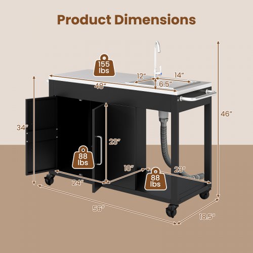 Costway Outdoor Grill Table with Sink and Stainless Steel Top - 56" - black (model: np12508BK) image 2