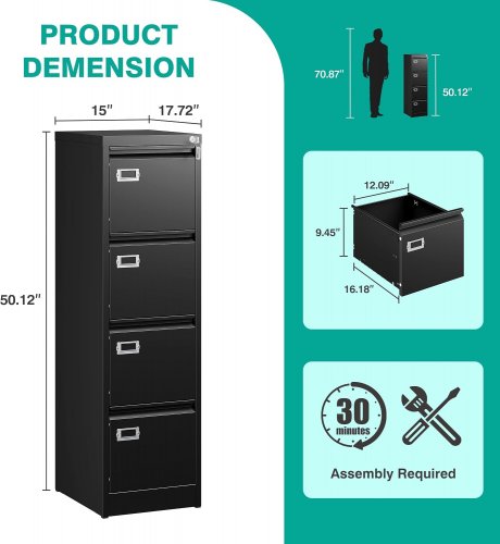 sisesol 4 drawer narrow vertical metal filing cabinet with lock - 50" x 15" x 18" - black - (model: dbuszk24529b) image 2