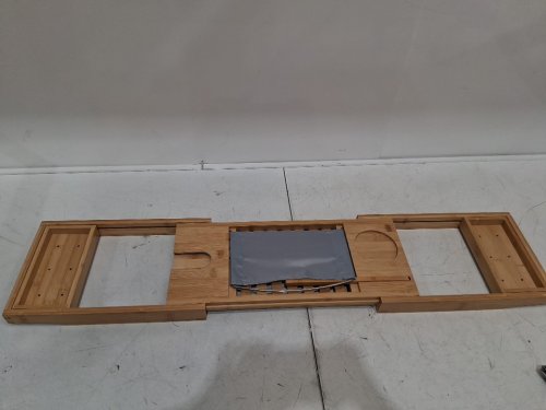 LUXURY BAMBOO ADJUSTABLE/expandable ORGANIZER BATHTUB CADDY TRAY WITH WINE HOLDER - 30" - 43" - natural wood image 2