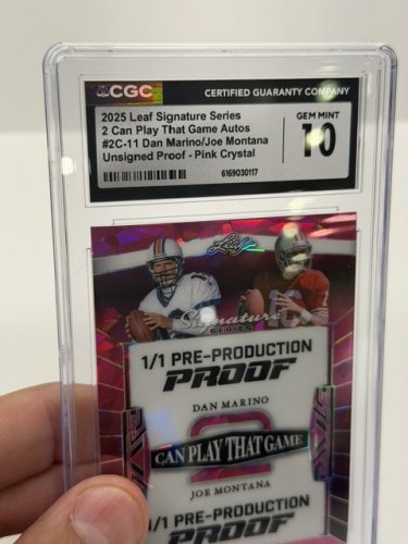 CGC GRADED GEM MINT 10 LEAF SIGNATURE SERIES 2025 2 CAN PLAY THAT GAME AUTOS #2C-11 DAN MARINO/JOE MONTANA UNSIGNED PROOF - PINK CRYSTAL CARD image 2