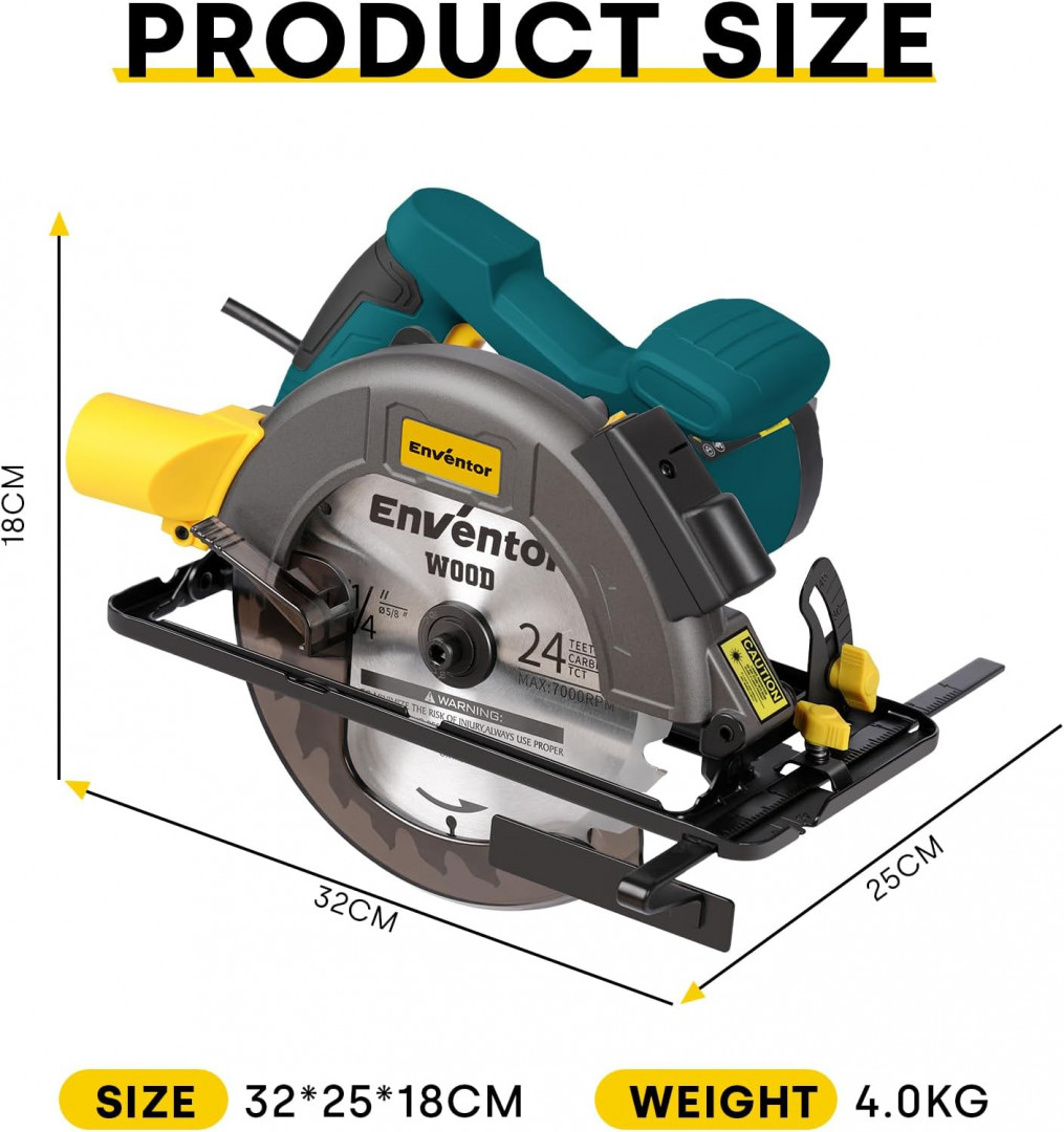 ENVENTOR corded 7-1/4" circular saw with precise laser guide & 2 assorted 185mm blades - 11a, 5800rpm - blue (MODEL: SGCS1400) image 2