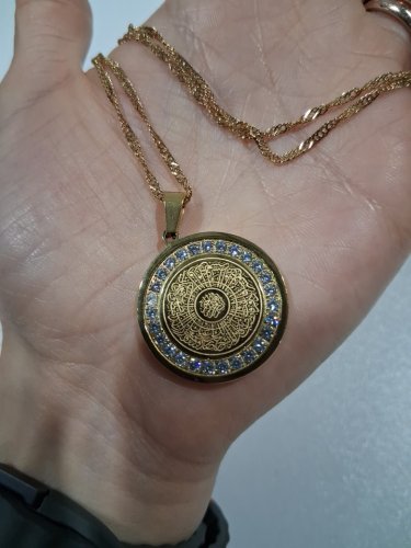cubic zirconia engraved ayatol kursi "آية الكرسي" round pendant chain necklace for protection - 20" - 22"/2 mm width adjustable chain/ 1" pendant - gold image 3