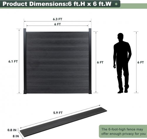 mondaria Outdoor composite plank privacy fence panel + post - 6ft x 6ft - black (model: ym-gj13-black) image 2
