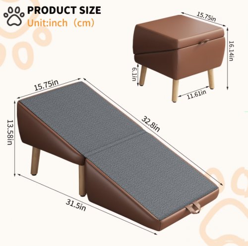 2-IN-1 LEATHER SPLIT OTTOMAN WITH FOLDABLE PET RAMP - BROWN image 2