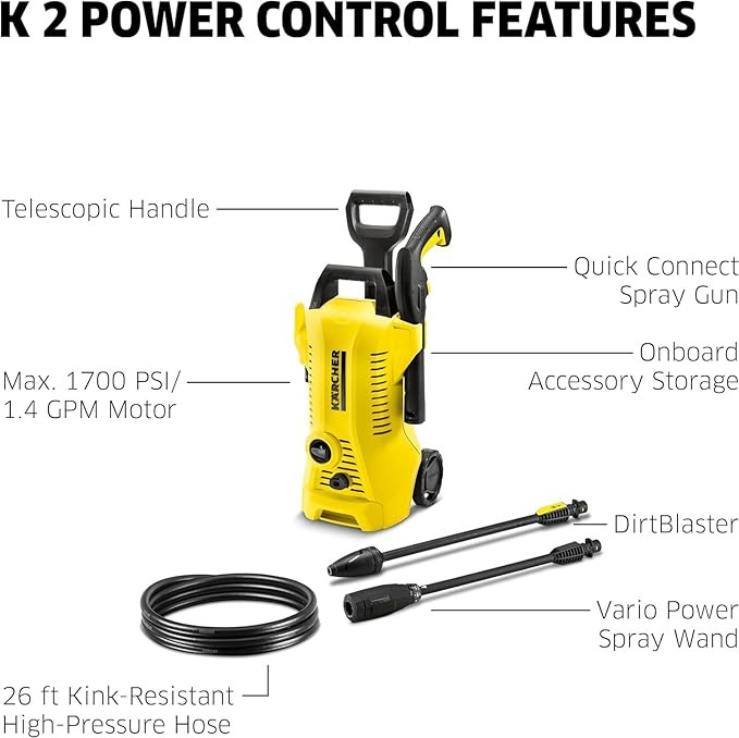 karcher k2 power control electric pressure washer with dirt-blaster spray wand - 1.45 gpm - 1700psi - black/yellow - (model: ‎1.602-361.0) image 2