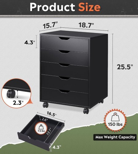 DEVAISE 5-Drawer Mobile Office Storage Filing Cabinet Printer Stand with Wheels - 150LBS CAP - 18.7" x 15.7" x 25.5" - Black (Model: ASNG075) image 2