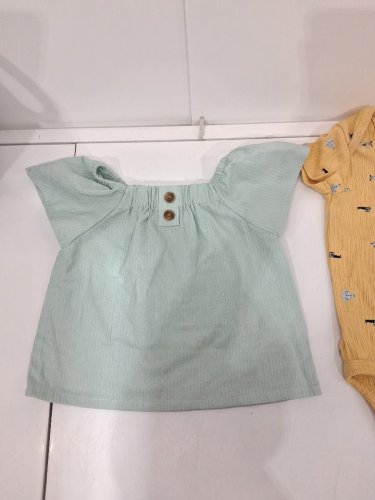 3 assorted baby clothes - top, onesie, overalls - 12m - green/yellow/white image 2
