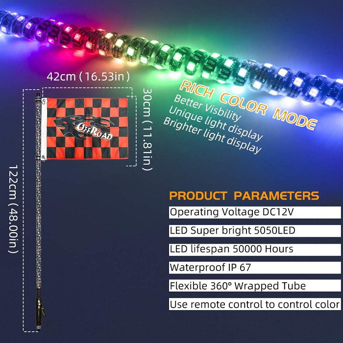 2PC SAFEGO UNIVERSAL REMOTE CONTROLLED WATERPROOF TWISTING LED ANTENNA WHIP LIGHTS WITH FLAGS FOR UTV/ATV - 4FT image 2