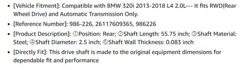 A-Premium rear drive shaft assembly kit compatible with BMW for F30 Series 320i 2013-2018, RWD, Automatic Transmission (model: ‎OEM 986-226, 986226, 26117609365) image 2