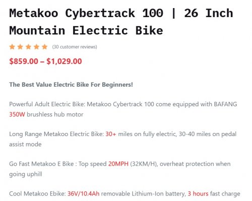 Metakoo Mountain e-bike electric bicycle - 26" - 36V - 20MPH - Black (Model: Cybertrack 100) image 2