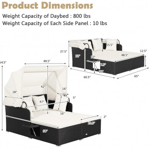 Costway outdoor patio rattan daybed lounger with retractable canopy and side tables - 65" x 60" - whtie/black - (model: hw76581wh) image 2