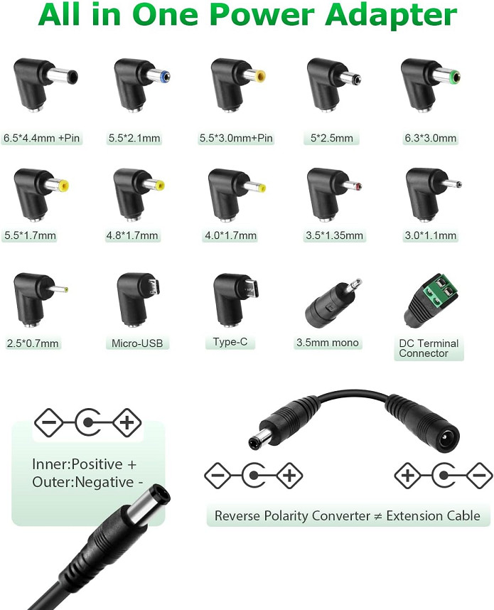 17pc Arkare Adjustable Universal Power Supply with 15 Tips Polarity Converter - black image 2