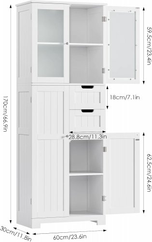 Tall Storage Cabinet with Frosted Glass Doors and Drawers - 66.9" x 23.6" x 11.8" - White (Model: BOT-MD-001) image 2