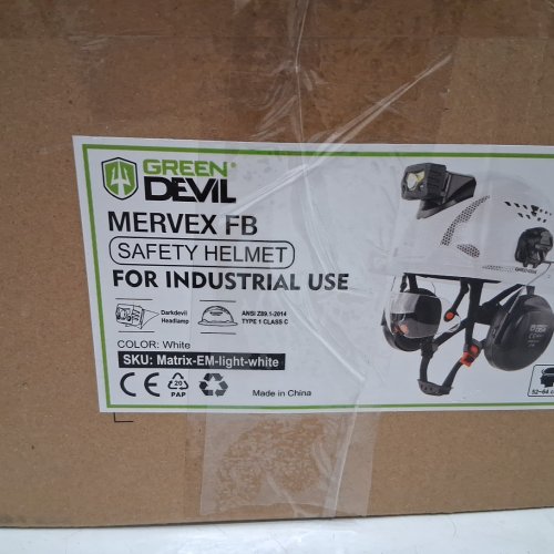green devil 4-in-1 Full Brim Hard Hat with Headlight,Ear Muffs,Visor - osfm - WHITE image 3