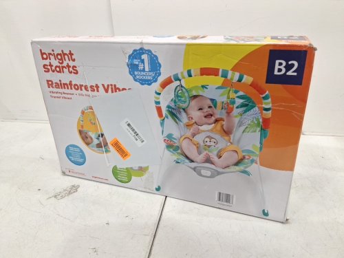 BRIGHT STARTS PORTABLE 3-POINT HARNESS VIBRATING BOUNCER WITH TOY-BAR - RAINFOREST VIBES (MODEL: 12227) image 2