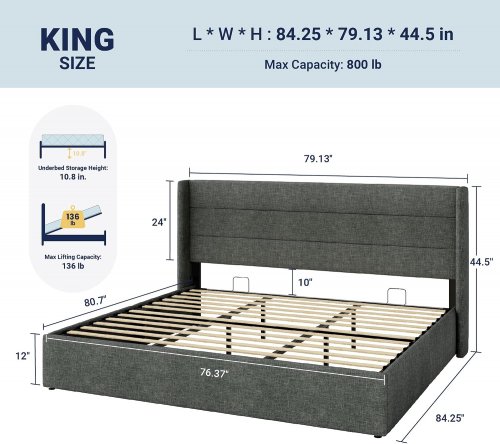 ALLEWIE LIFT-UP HYDRAULIC STORAGE PLATFORM BED FRAME - King - GREY (MODEL: KBMV006) image 2