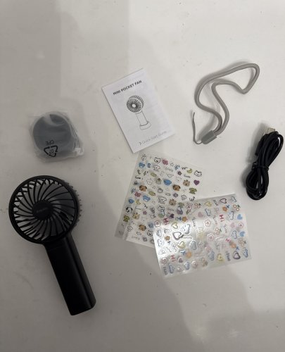 EASYACC MINI PORTABLE HANDHELD POCKET FAN WITH STAND, LANYARD AND CHARGER - BLACK image 3