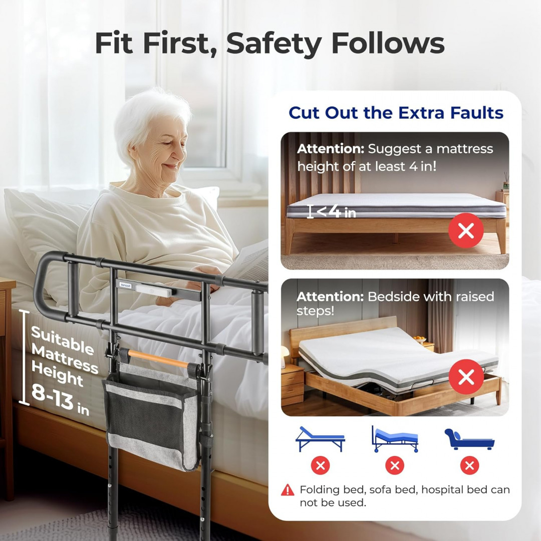 NIMOOD Bed Assist Rails for Seniors with Non-Slip Ergonomic Wider Handrail AND LED MOTION LIGHT - 350LB MAX - BLACK (MODEL: C5 Pro) image 2
