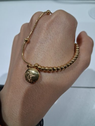 beaded chain "أُخْتي: Ukhty/sister" round charm bracelet - 7" - 8"/12mm charm - gold image 4