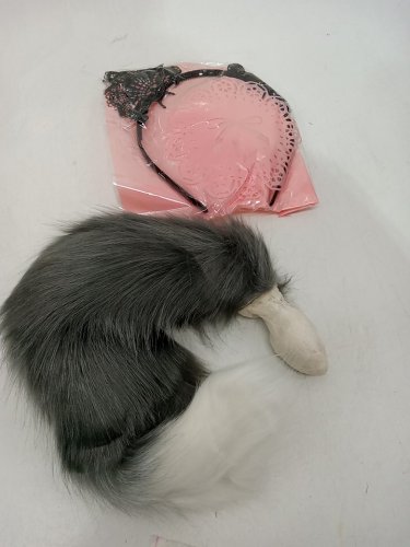 Cat Ears and Small Stainless Steel Butt Plug Tail - Black Ears / Grey Tail White-tip image 4