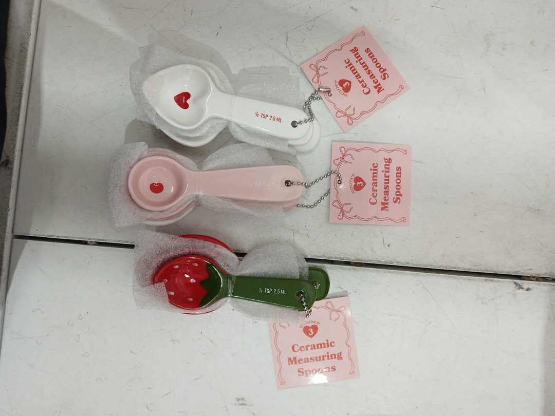 3 (3pc) bullseye playground decorative ceramic measuring spoon set - 1/2 tsp / 1tsp / 1tbsp - pink /hearts / strawberries (9 spoons total) image 2