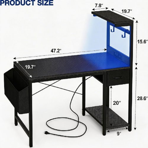 Grandder Gaming Desk with Power Socket reversible shelves drawer and LED Lights - 47" - black (model:E101-47T) image 2