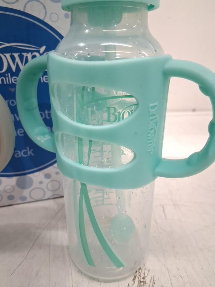 2pk  Dr. Brown's Milestones spill proof Narrow Sippy Straw Bottles with silicone handles and weighted straw - 8oz - grey/teal image 4