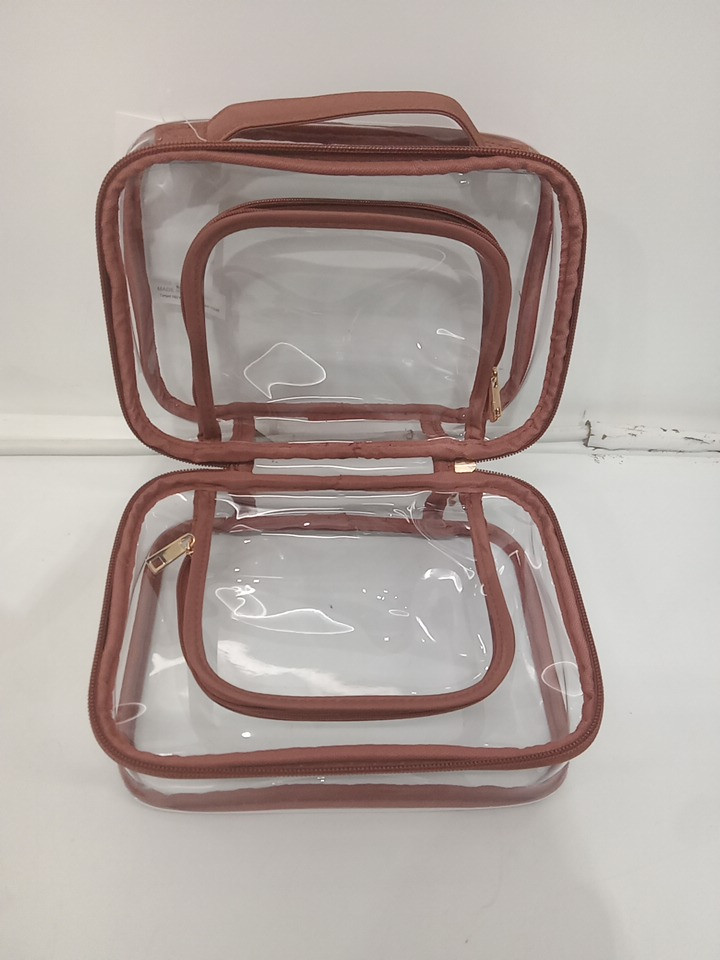 double sided clear plastic multi-purpose travel toiletry bag with zipper closure - 8.5" x 6" x 4" - clear/brown image 4