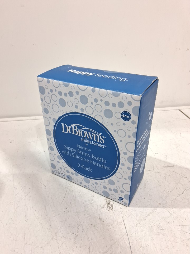 2pk  Dr. Brown's Milestones spill proof Narrow Sippy Straw Bottles with silicone handles and weighted straw - 8oz - grey/teal image 2