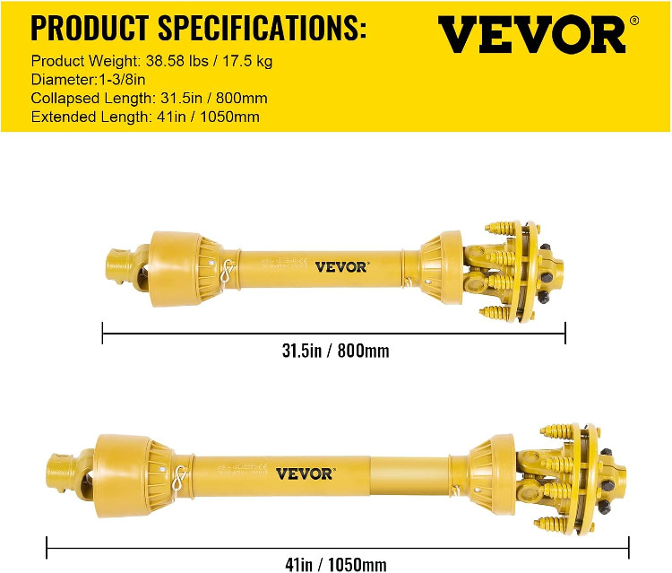 vevor 6 spline pto drift shaft for bush hog/finish mowers - 1-3/8" - 31.5" TO 41" length - yellow (model: t4y800) image 3