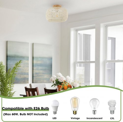 3-LIGHT FLUSH MOUNT RATTAN CEILING LIGHT FIXTURE - CREAM/WHITE (MODEL: 019) image 2